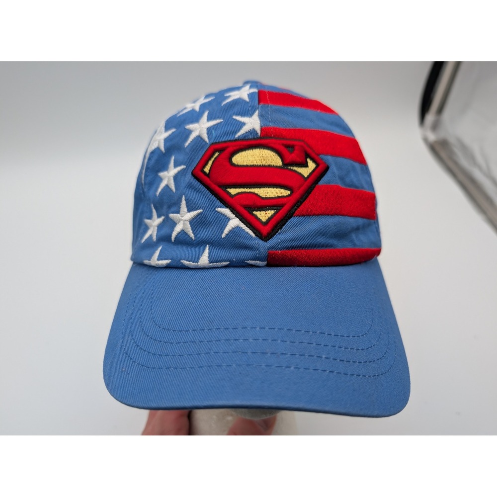 Superman Six Flags Man of Steel Hat Blue American Flag Stars Stripes Adult Cap